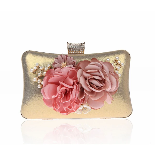 Flower Fairy Gold Patent Leather Clutch Bags 2021 Metal Flower Beading Pearl