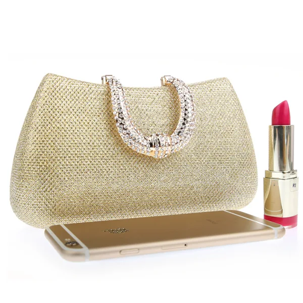 Bling Bling Guld Glittriga / Glitter Kuvertväska 2021 Metall PU Rhinestone