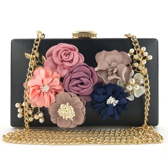 Flower Fairy Black Leather Square Clutch Bags 2021 Metal Beading Pearl Flower