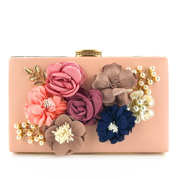 Flower Fairy Black Leather Square Clutch Bags 2021 Metal Beading Pearl Flower