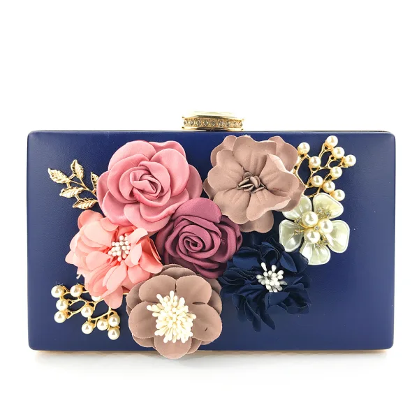 Flower Fairy Black Leather Square Clutch Bags 2021 Metal Beading Pearl Flower