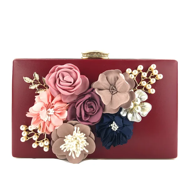 Flower Fairy Black Leather Square Clutch Bags 2021 Metal Beading Pearl Flower