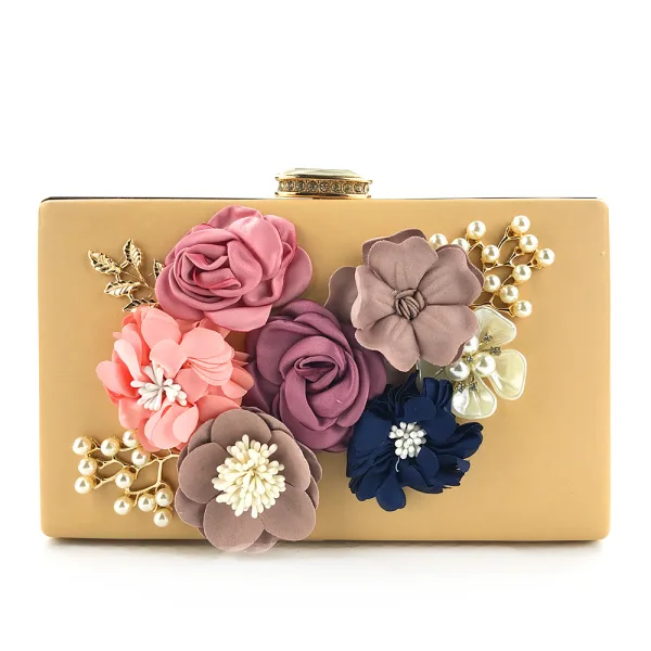 Flower Fairy Black Leather Square Clutch Bags 2021 Metal Beading Pearl Flower