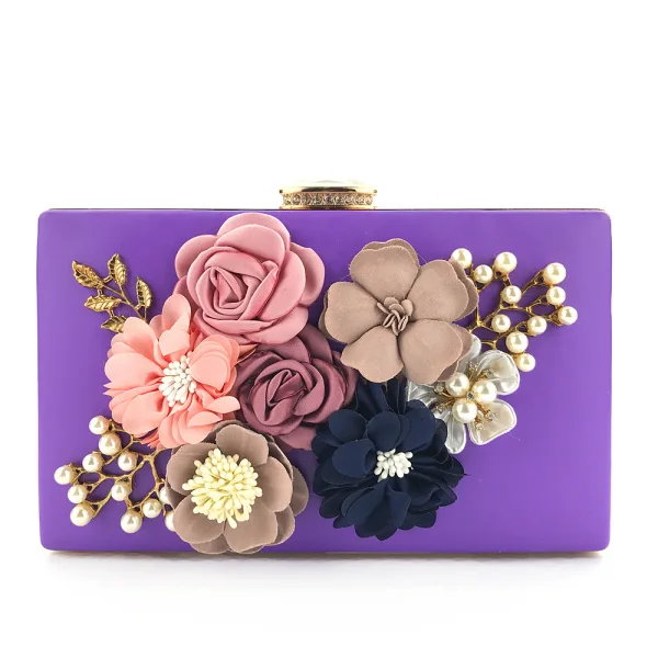 Flower Fairy Black Leather Square Clutch Bags 2021 Metal Beading Pearl Flower