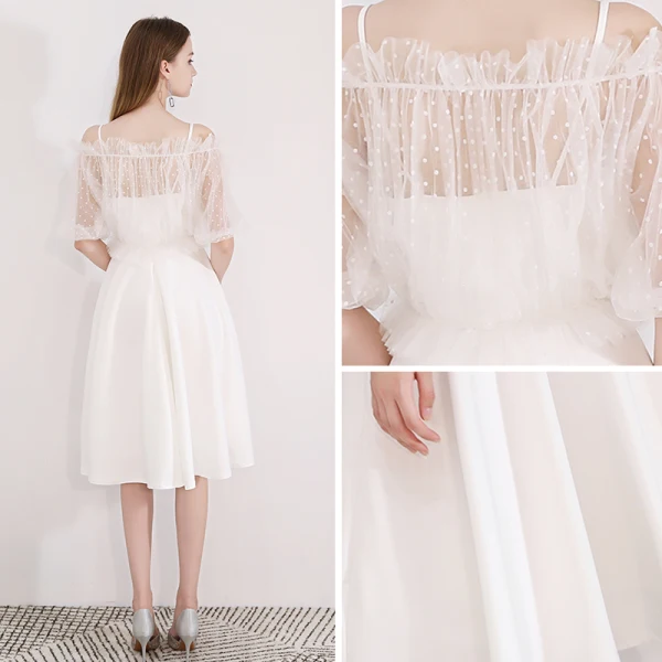 Modest / Simple Ivory Homecoming Graduation Dresses With Shawl 2018 A-Line / Princess Sleeveless Spaghetti Straps Tea-length Ruffle Backless Formal Dresses