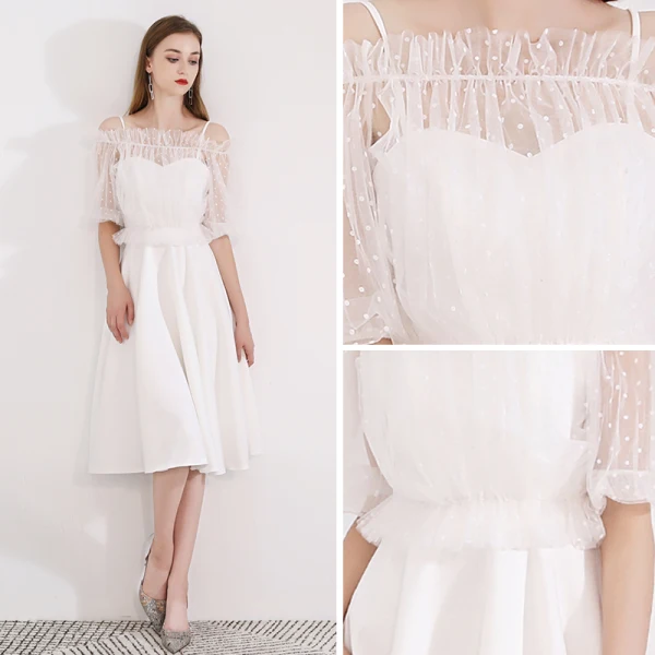 Modest / Simple Ivory Homecoming Graduation Dresses With Shawl 2018 A-Line / Princess Sleeveless Spaghetti Straps Tea-length Ruffle Backless Formal Dresses