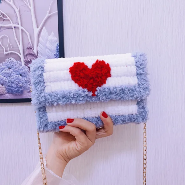 Lovely White Woolen Braid Heart-shaped Square Clutch Bags 2021