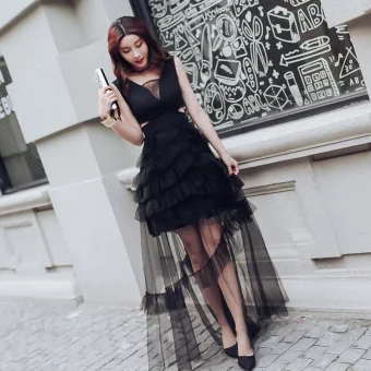 Modern Fashion Black See Through Summer Evening Dresses 2018 A Line Princess V Neck Sleeveless Floor Length Long Ruffle Backless Formal Dresses