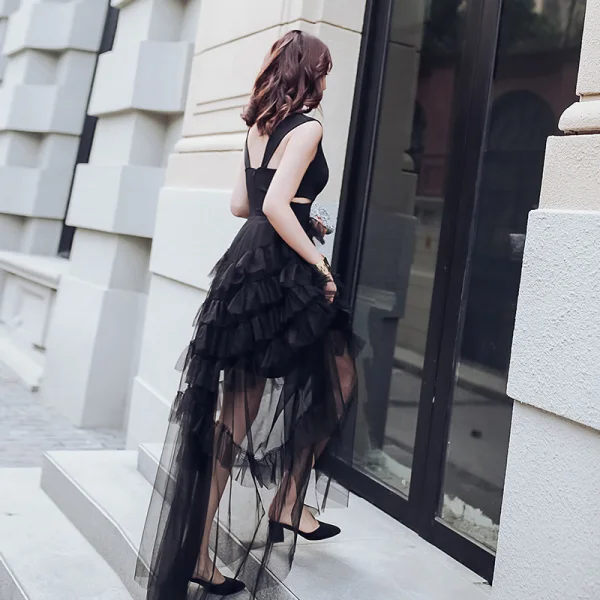 Modern / Fashion Black See-through Summer Evening Dresses  2018 A-Line / Princess V-Neck Sleeveless Floor-Length / Long Ruffle Backless Formal Dresses