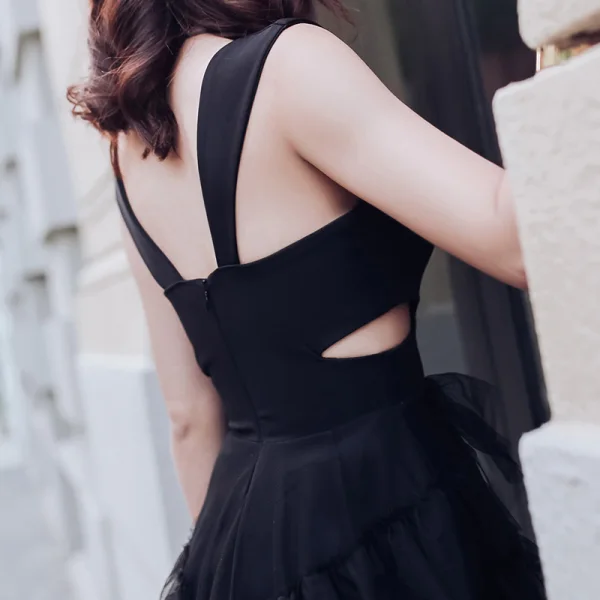 Modern / Fashion Black See-through Summer Evening Dresses  2018 A-Line / Princess V-Neck Sleeveless Floor-Length / Long Ruffle Backless Formal Dresses