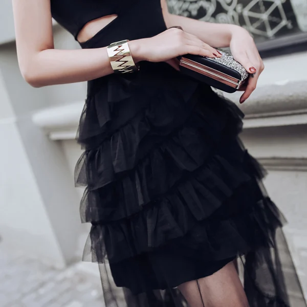 Modern / Fashion Black See-through Summer Evening Dresses  2018 A-Line / Princess V-Neck Sleeveless Floor-Length / Long Ruffle Backless Formal Dresses