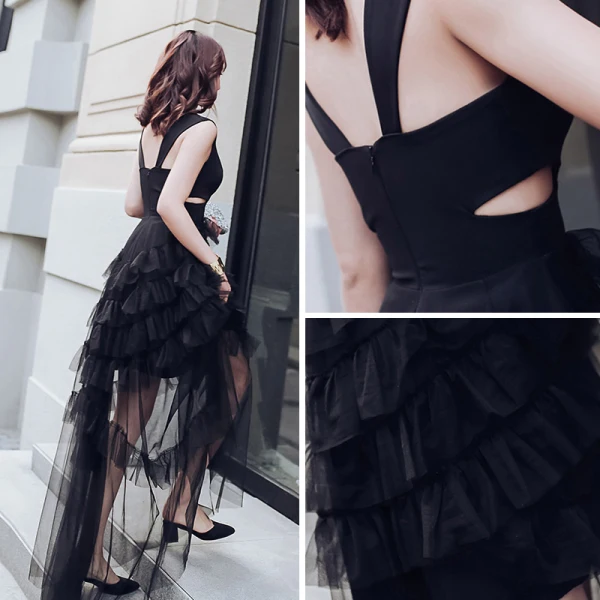 Modern / Fashion Black See-through Summer Evening Dresses  2018 A-Line / Princess V-Neck Sleeveless Floor-Length / Long Ruffle Backless Formal Dresses