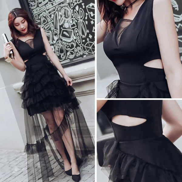 Modern / Fashion Black See-through Summer Evening Dresses  2018 A-Line / Princess V-Neck Sleeveless Floor-Length / Long Ruffle Backless Formal Dresses