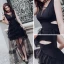 Modern / Fashion Black See-through Summer Evening Dresses  2018 A-Line / Princess V-Neck Sleeveless Floor-Length / Long Ruffle Backless Formal Dresses