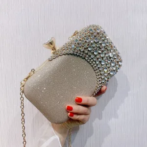 Mote Champagne Glitter Firkantede Håndvesken 2021 Metall Rhinestone