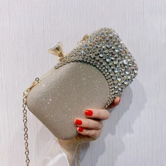 Fashion Champagne Glitter Square Clutch Bags 2021 Metal Rhinestone