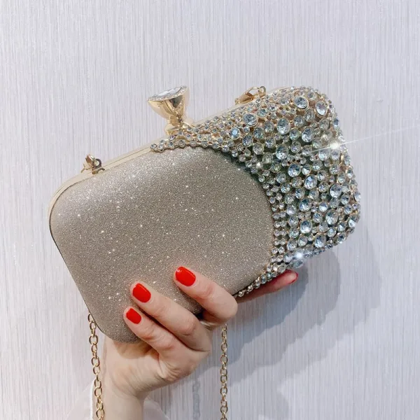Fashion Champagne Glitter Square Clutch Bags 2021 Metal Rhinestone