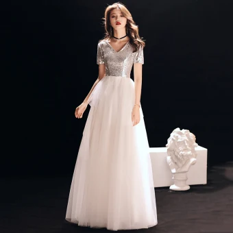 Abordable Ivoire Robe De Soirée 2018 Princesse V Cou Manches Courtes Paillettes Longue Volants Dos Nu Robe De Ceremonie