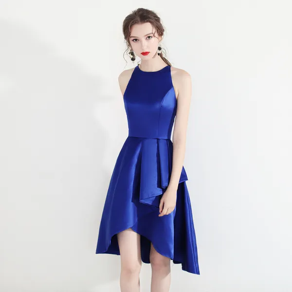 Modern / Fashion Royal Blue Homecoming Graduation Dresses 2018 A-Line / Princess Scoop Neck Sleeveless Asymmetrical Ruffle Formal Dresses