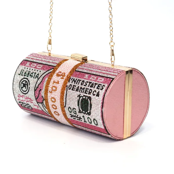 Fashion Candy Pink Rhinestone Round Dollar Clutch Bags 2021 Metal Velour