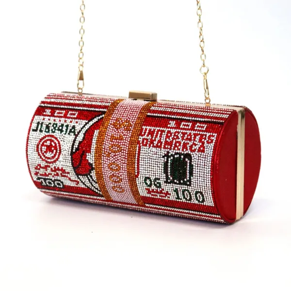Fashion Candy Pink Rhinestone Round Dollar Clutch Bags 2021 Metal Velour