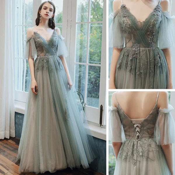 Abordable Vert Cendré Robe Demoiselle D'honneur 2021 Princesse Dos Nu Appliques En Dentelle Perlage Longue Volants