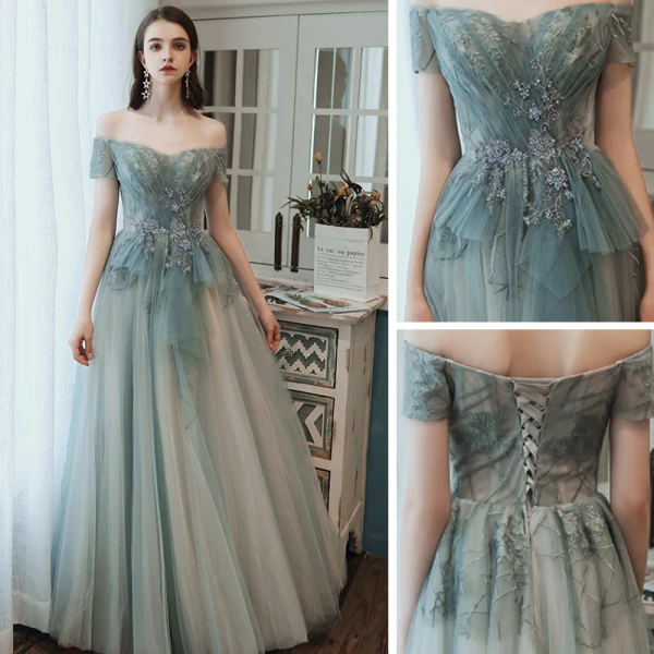 Abordable Vert Cendré Robe Demoiselle D'honneur 2021 Princesse Dos Nu Appliques En Dentelle Perlage Longue Volants