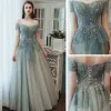 Affordable Sage Green Bridesmaid Dresses 2021 A-Line / Princess Backless Appliques Lace Beading Floor-Length / Long Ruffle