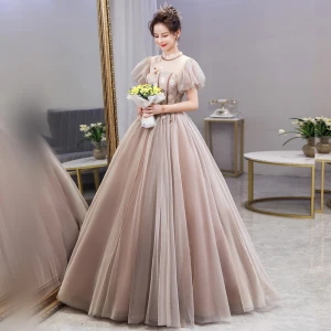 Vintage Originale Tan Dansant Robe De Bal 2021 Robe Boule Transparentes Col Haut Gonflée Manches Courtes Appliques En Dentelle Perlage Longue Volants