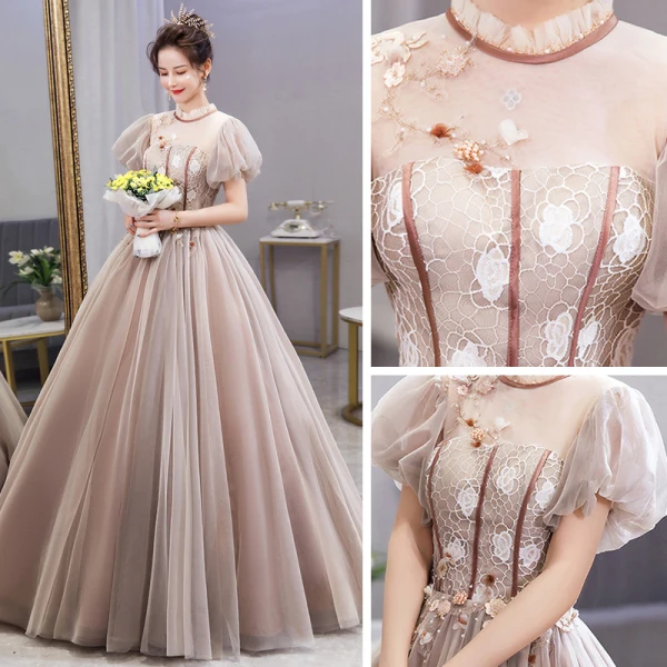 Vintage Tan Dansande Balklänningar 2021 Balklänning Genomskinliga Hög Hals Pösigt Korta ärm Appliqués Spets Beading Långa Ruffle
