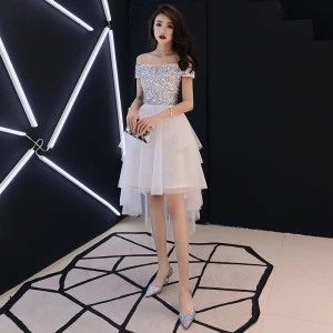 Chic Beautiful Ivory Cocktail Dresses 2018 A Line Princess Off The Shoulder Short Sleeve Sequins Asymmetrical Ruffle Backless Formal Dresses
