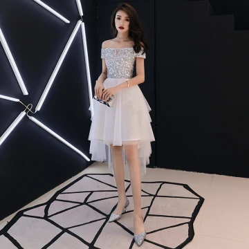 Chic Beautiful Ivory Cocktail Dresses 2018 A Line Princess Off The Shoulder Short Sleeve Sequins Asymmetrical Ruffle Backless Formal Dresses