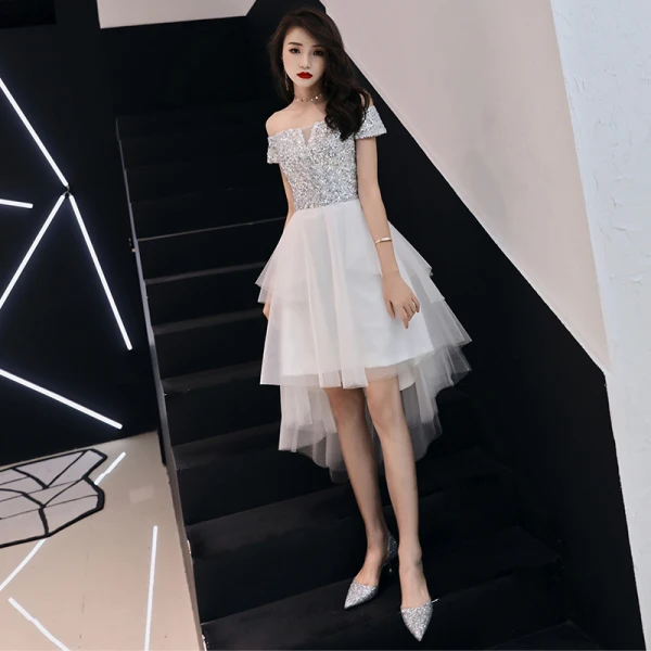 Chic Beautiful Ivory Cocktail Dresses 2018 A Line Princess Off The Shoulder  Short Sleeve Sequins Asymmetrical Ruffle Backless Formal Dresses