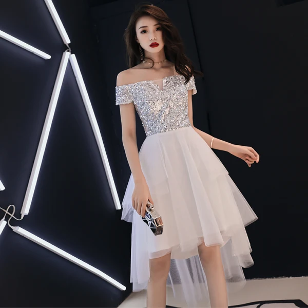 Chic / Belle Ivoire Robe De Cocktail 2018 Princesse De l'épaule Manches Courtes Paillettes Asymétrique Volants Dos Nu Robe De Ceremonie