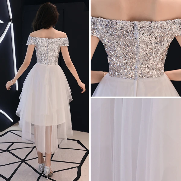 Chic / Belle Ivoire Robe De Cocktail 2018 Princesse De l'épaule Manches Courtes Paillettes Asymétrique Volants Dos Nu Robe De Ceremonie