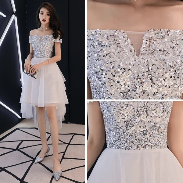 Chic / Belle Ivoire Robe De Cocktail 2018 Princesse De l'épaule Manches Courtes Paillettes Asymétrique Volants Dos Nu Robe De Ceremonie