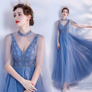 Sexy Océan Bleu Dansant Robe De Bal Avec Châle 2021 Princesse Col V Profond Sans Manches Perlage Glitter Tulle Longue Volants Dos Nu Robe De Ceremonie