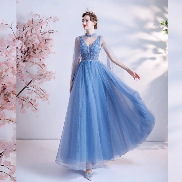 Sexy Ocean Blue Dancing Prom Dresses With Shawl 2021 A-Line / Princess Deep V-Neck Sleeveless Beading Glitter Tulle Floor-Length / Long Ruffle Backless Formal Dresses