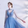 Sexy Ocean Blue Dancing Prom Dresses With Shawl 2021 A-Line / Princess Deep V-Neck Sleeveless Beading Glitter Tulle Floor-Length / Long Ruffle Backless Formal Dresses