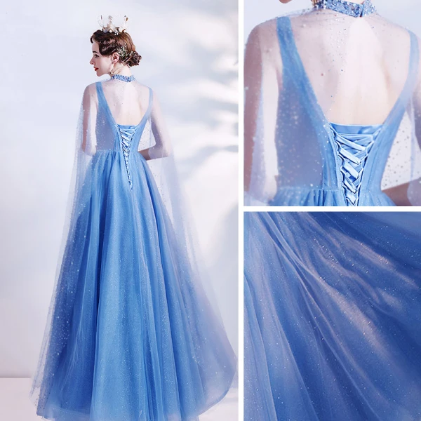 Sexy Ocean Blue Dancing Prom Dresses With Shawl 2021 A-Line / Princess Deep V-Neck Sleeveless Beading Glitter Tulle Floor-Length / Long Ruffle Backless Formal Dresses