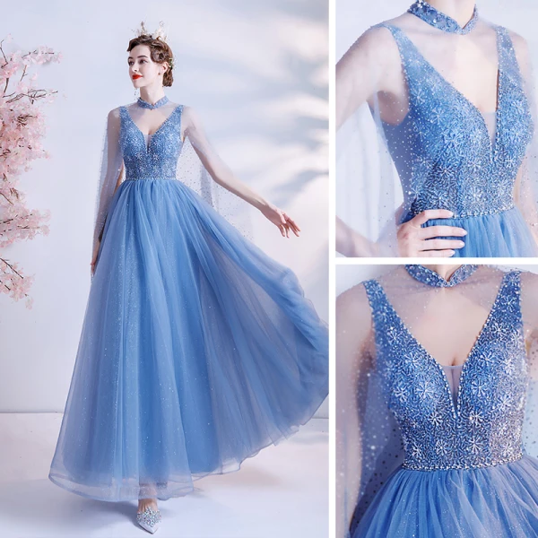 Sexy Ocean Blue Dancing Prom Dresses With Shawl 2021 A-Line / Princess Deep V-Neck Sleeveless Beading Glitter Tulle Floor-Length / Long Ruffle Backless Formal Dresses