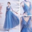 Sexy Ocean Blue Dancing Prom Dresses With Shawl 2021 A-Line / Princess Deep V-Neck Sleeveless Beading Glitter Tulle Floor-Length / Long Ruffle Backless Formal Dresses
