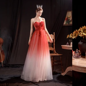 Elegant Rød Gradient Farge Hvit Dancing Ballkjoler Med Sjal 2021 Prinsesse Kjæreste Uten Ermer Beading Paljetter Glitter Tyll Lange Buste Ryggløse Formelle Kjoler