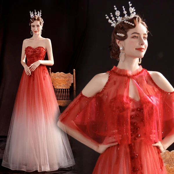 Elegant Rød Gradient-Farge Hvit Dancing Ballkjoler Med Sjal 2021 Prinsesse Kjæreste Uten Ermer Beading Paljetter Glitter Tyll Lange Buste Ryggløse Formelle Kjoler