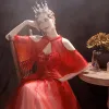 Élégant Rouge Dégradé De Couleur Blanche Dansant Robe De Bal Avec Châle 2021 Princesse Amoureux Sans Manches Perlage Paillettes Glitter Tulle Longue Volants Dos Nu Robe De Ceremonie