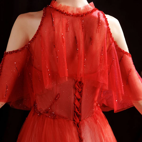 Elegant Rød Gradient-Farge Hvit Dancing Ballkjoler Med Sjal 2021 Prinsesse Kjæreste Uten Ermer Beading Paljetter Glitter Tyll Lange Buste Ryggløse Formelle Kjoler