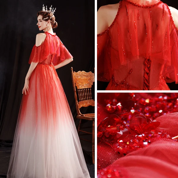 Elegant Rød Gradient-Farge Hvit Dancing Ballkjoler Med Sjal 2021 Prinsesse Kjæreste Uten Ermer Beading Paljetter Glitter Tyll Lange Buste Ryggløse Formelle Kjoler