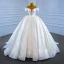 Luxury / Gorgeous White Satin Bridal Wedding Dresses 2021 Ball Gown See-through Off-The-Shoulder Deep V-Neck Short Sleeve Backless Handmade  Beading Pearl Chapel Train