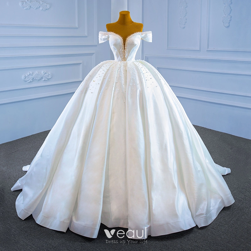 White Satin Deep V-neck Backless Beading Wedding Dress White Satin Deep V-neck Backless Beading Wedding Dress