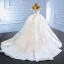 Luxury / Gorgeous White Satin Bridal Wedding Dresses 2021 Ball Gown See-through Off-The-Shoulder Deep V-Neck Short Sleeve Backless Handmade  Beading Pearl Chapel Train